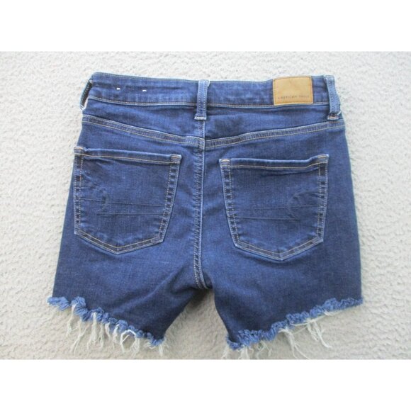 American Eagle Jeans Women's 2 Blue Denim Shorts Stretch Hi Rise Shortie Raw Hem - Picture 2 of 10